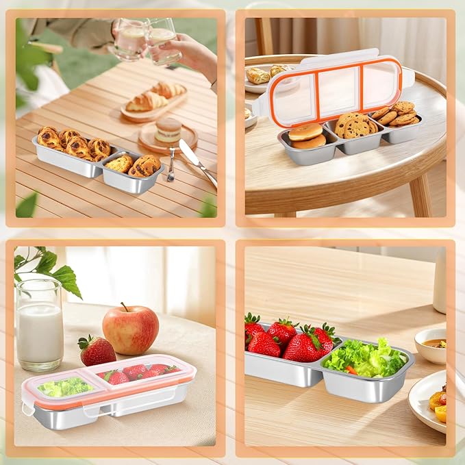2 Pack Stainless Steel Snack Containers, Reusable 3 Compartment + 2 Compartment Condiment Box with Lids snack box, Food Storage Lunchable Containers for Home, School, Work, Travel