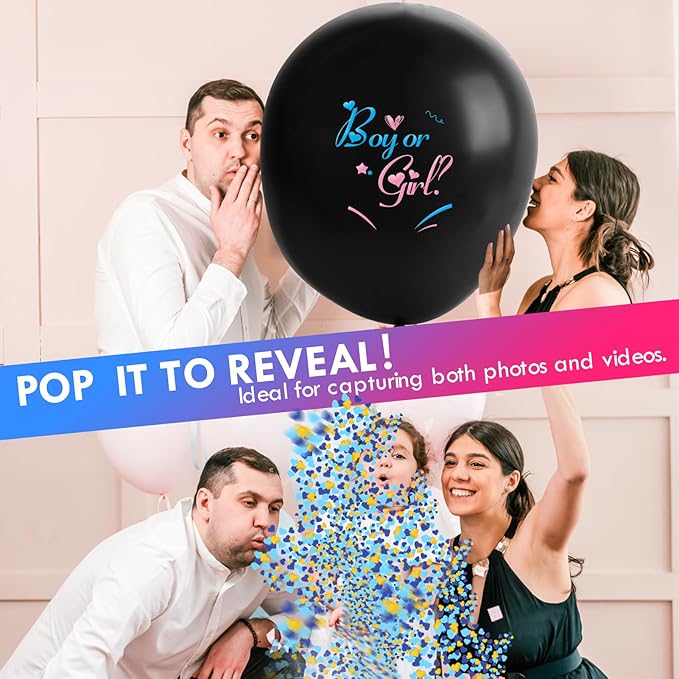 Jumbo 36 Inch Gender Reveal Balloons - 2pcs Big Black Gender Reveal Confetti Balloons with Pink and Blue Heart Shape Confetti for Boy or Girl Baby Shower ideas Decoration