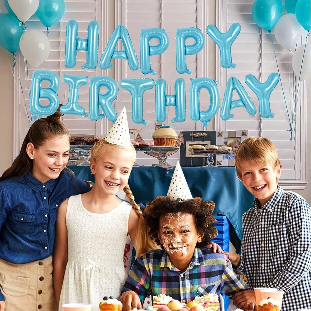 TONIFUL Light Blue Happy Birthday Balloons Banner, 16 Inch Mylar Foil Letters Sign Bunting Reusable for Girls Boys Kids & Adults Birthday Decorations Party Supplies