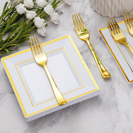 Goodluck 120PCS 6.5" Square Gold Dessert Plastic Plates with 7.4" Forks, Gold Appetizer Plates for 60 Guests, Including 60 Disposable Cake Plastic Plates and 60 Forks for Wedding/Birthday Party