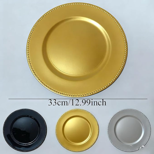6/50/100 Pcs Elegant Plastic Beaded Charger Plates - Round Gold Silver Black Wedding Party Dinner Decorative Plate Set, Durable for Halloween Christmas Birthday Decor
