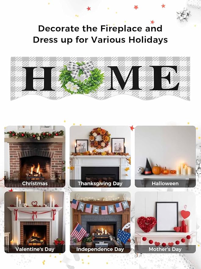 Rustic Home Fireplace Mantel Scarf Table Runner,Green Eucalyptus Leaves Wreath Wooden Plaid Winter Garland Mantel Top Tablerunners Dresser Scarves Cover for Windows Party Living Room 60"x17"