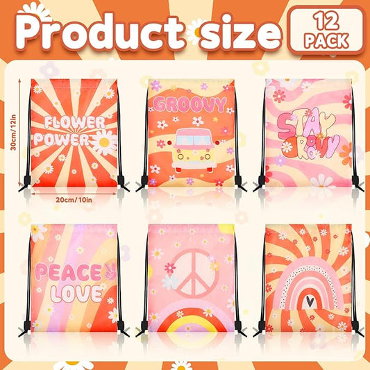 Abbylike 12 Pcs Groovy Party Favors Drawstring Bags Boho Party Favor Backpack Retro Hippie Daisy Flower Treat Groovy Goodie Bag for Girls 60's 70's Birthday Shower Wedding Gift Decorations Supplies