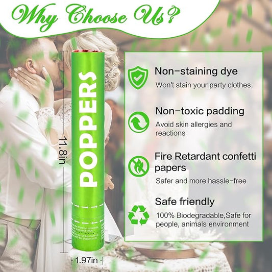 Confetti Cannon 12Pack Green Party Popper Shooters 12 Inch Confftti Poppers for Wedding Birthday Graduation Baby Shower Party Celebrations Supply Launches 20-25ft