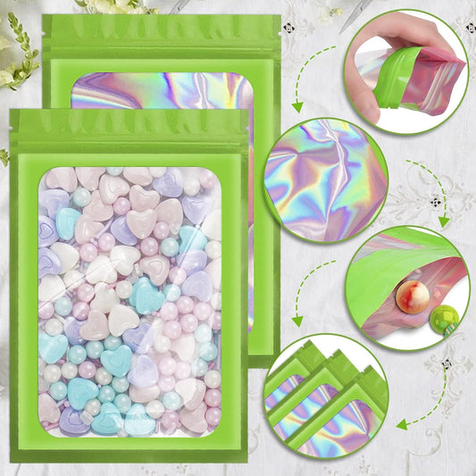ANZNKU 100 Pcs Smell Proof Mylar Resealable Bags, Holographic Packaging Bags, Resealable Odor Foil Pouch Zip Bag with Clear Window for Food Storage and Lipgloss, Jewelry Lash (Green, 5.5 x 7.9 Inch)