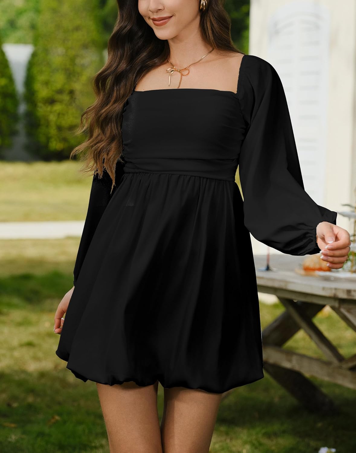 HYPERFIRE Women's Square Neck Pleated Long Sleeve Mini Dress Smocked A Lind Bubble Wedding Dresses