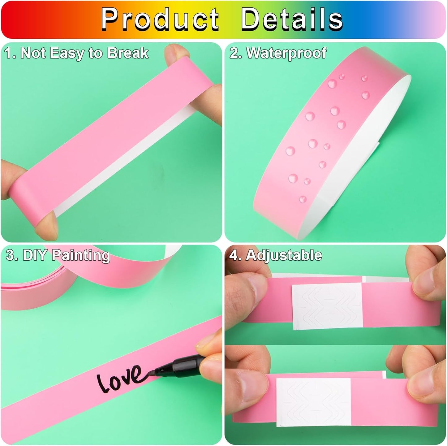 1200 Pcs Plastic Paper Wristbands for Events Neon Color Wrist Bands Concert Identification Wristbands Paper Bracelets Wristbands Party Hand Bands (Pink)