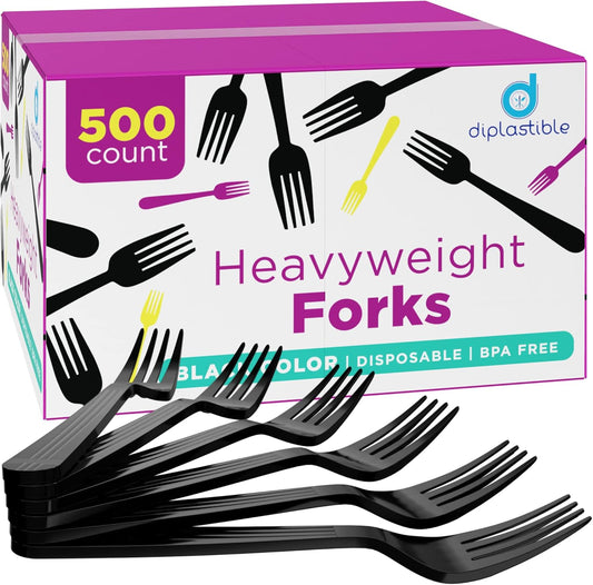 Diplastible Plastic Forks Heavy Duty - Disposable Utensils - 500 Count - Black Forks