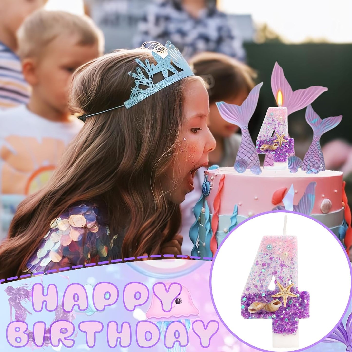 Purple Mermaid Party Number 4 Cake Candles, 2.76 inch Birthday Candle, Cake Topper Decoration for Birthday Party (Number 4)