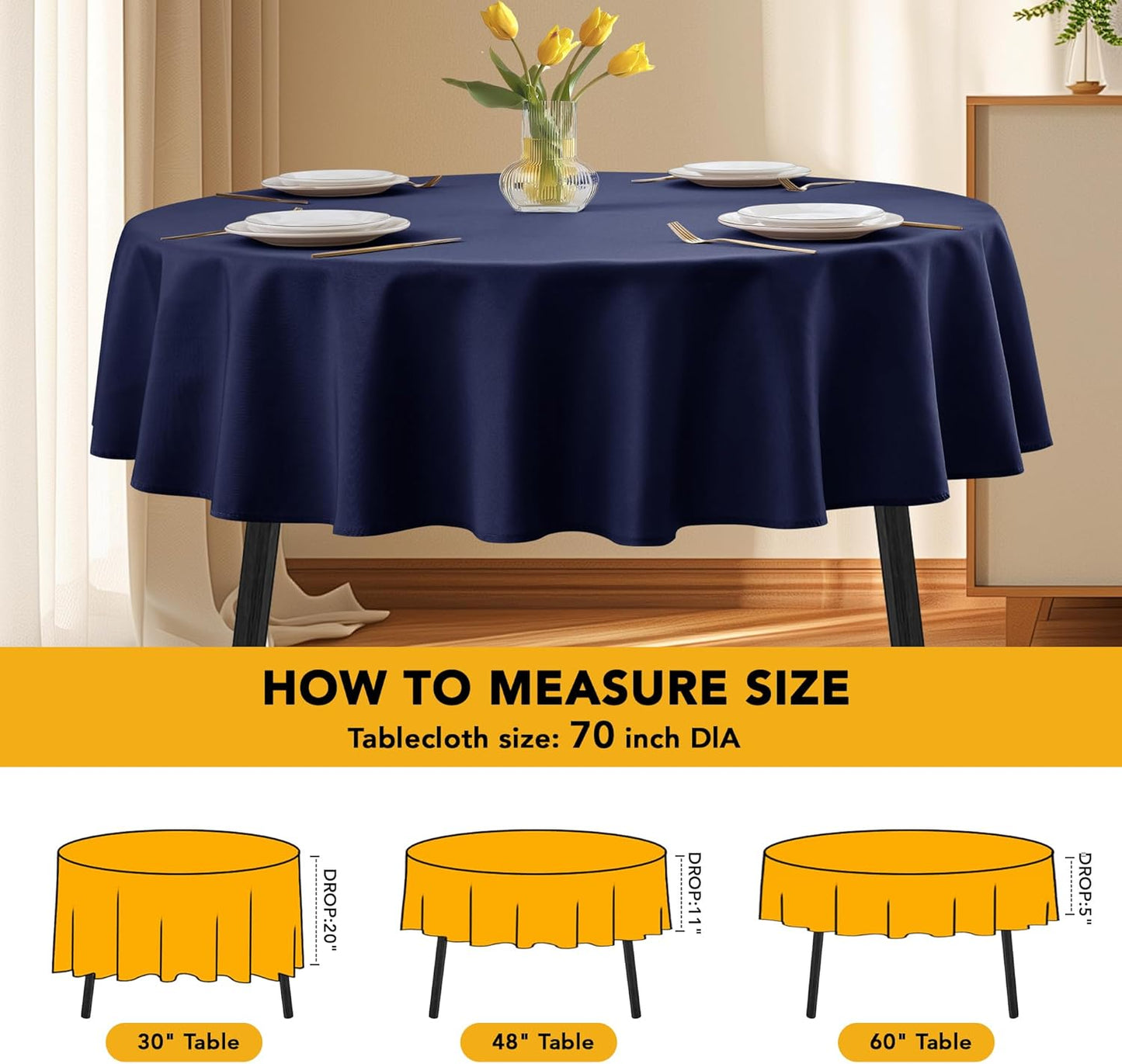 10-Pack Navy Blue Round Tablecloths, 70 Inches, Stain-Resistant Polyester for 3-4 Ft Round Tables - Washable Table Covers for Weddings, Banquets, Birthday Parties, Events