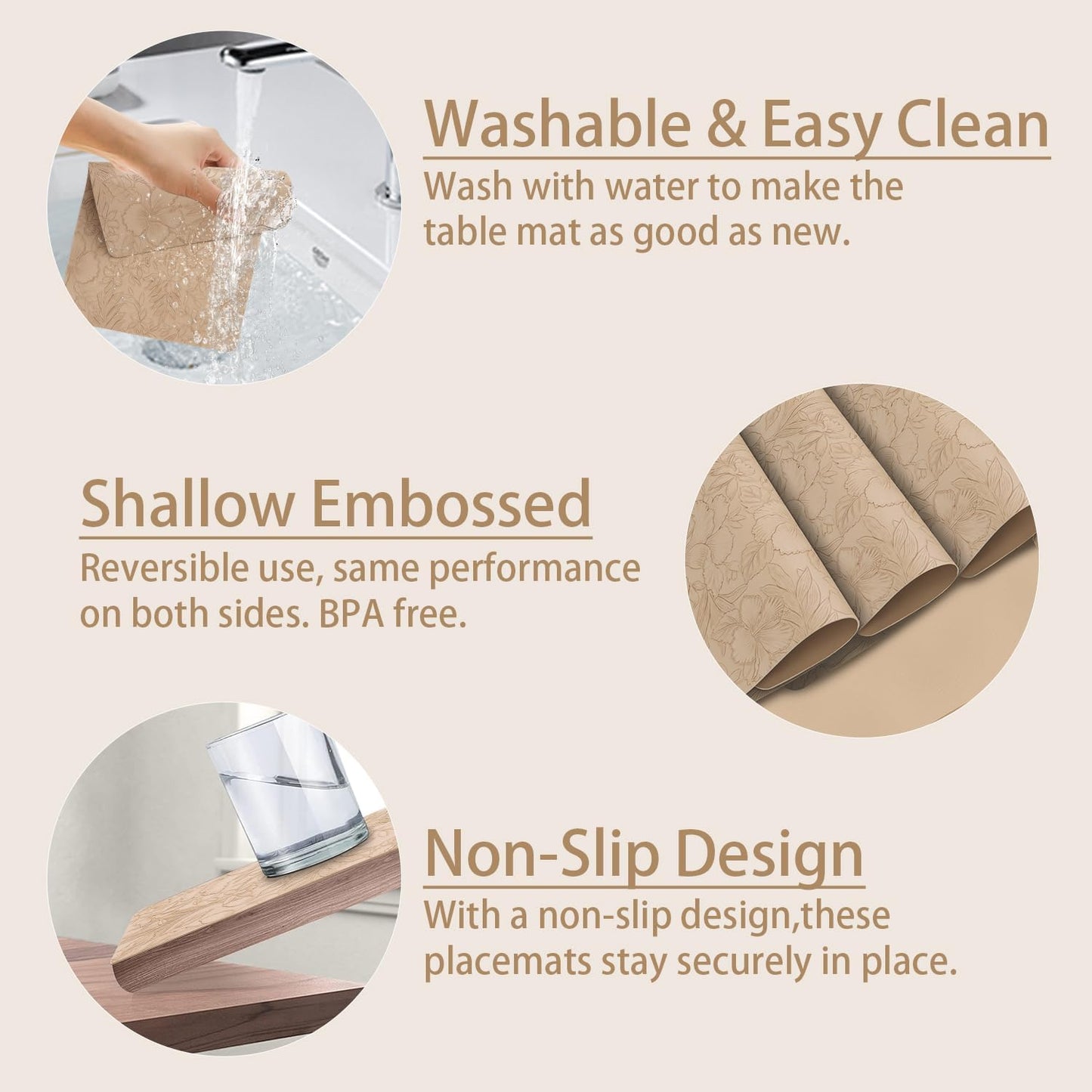 17" ร 12" Faux Leather Placemats Set of 6, Beige, Washable, Wipeable & Heat-Resistant Table Mats, Waterproof & Anti-Slip Dining Place Mats with Shallow Embossed Texture for Kitchen & Dining & Outdoor