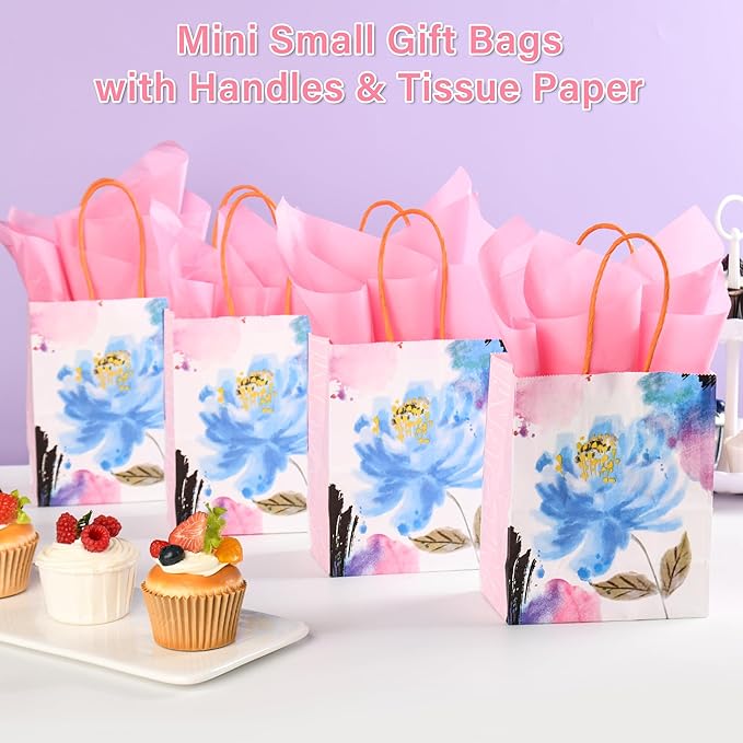 24 Pack Mini Watercolor Floral Paper Gift Bags Small Pink Party Favor Bags with Handles and Tissue Paper for Wedddings, Bridal Baby Showers, Birthdays, Valentines, Mother's Day, 6.5x5.5x3 Inch