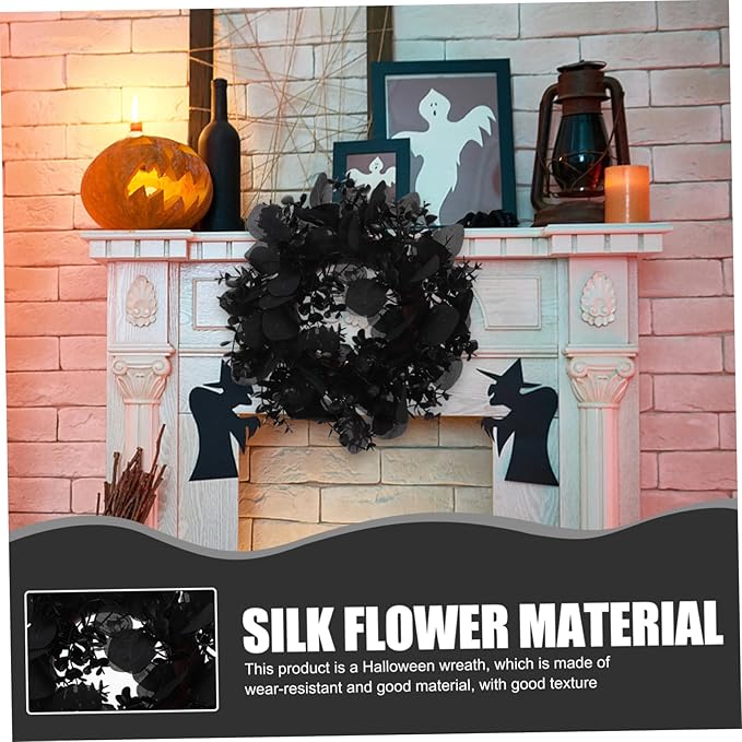 STOBAZA Halloween Eucalyptus Leaf Wreath Black Artificial Decorations Front Door Hanging Garland Eucalyptus Leaves Garland Halloween Theme Decor