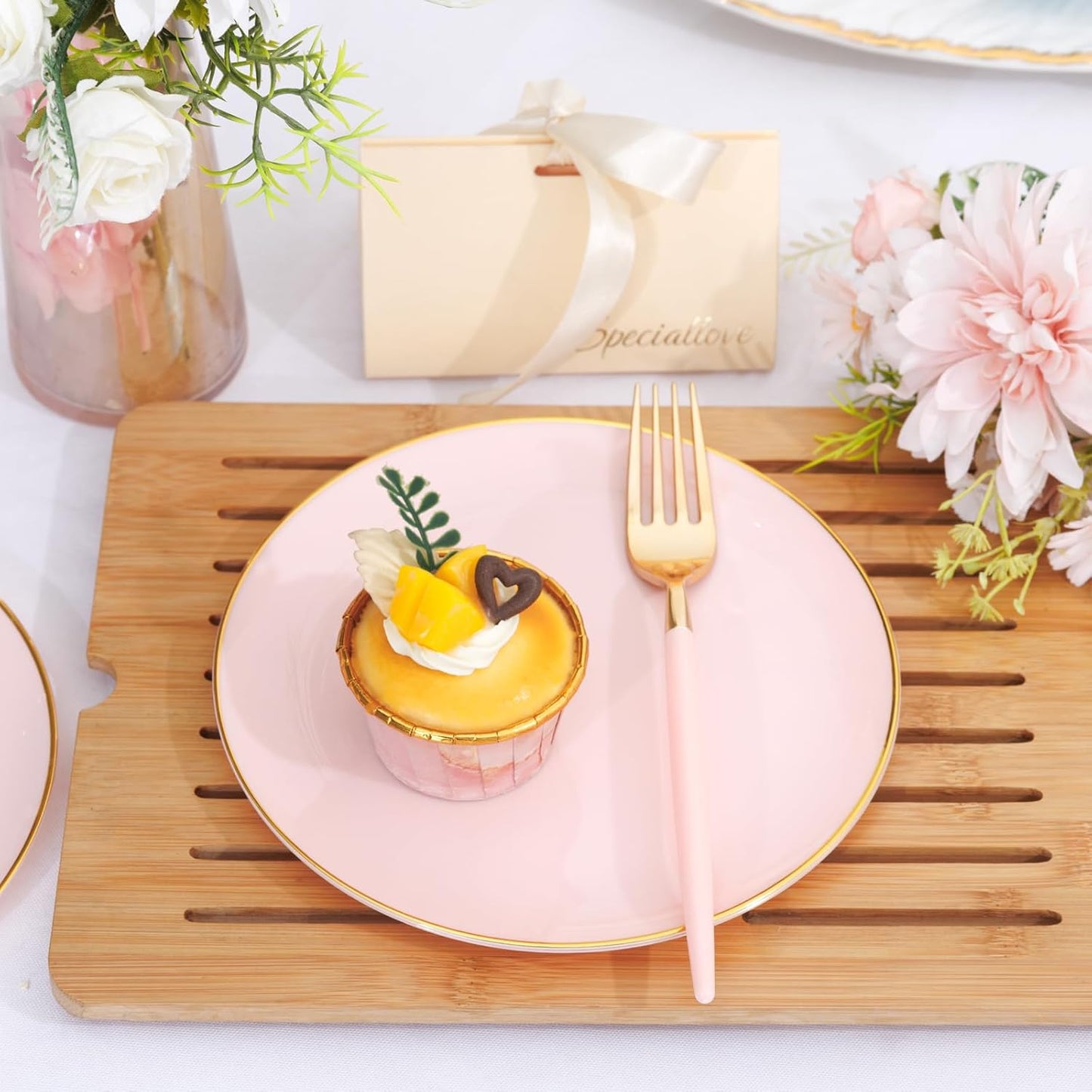 LIYH 96 Pcs Pink Gold Disposable Dessert Plates & Forks Set - 7.5 Inch Salad Cake Appetizer Plastic Plates for Parties, Birthdays, Baby Showers 48 Guests