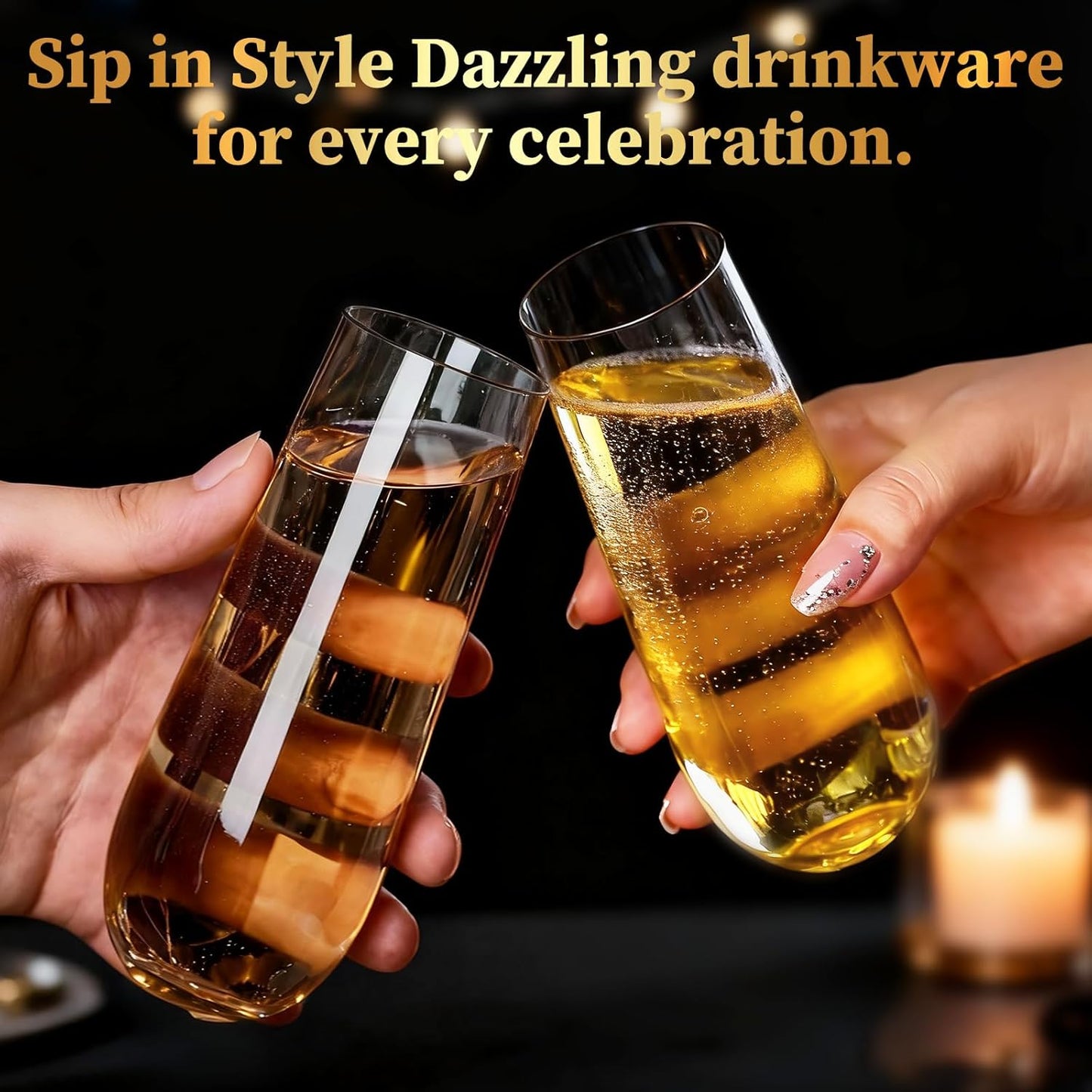 Guanqiao 12 Pack Stemless Plastic Champagne Flutes, 9 oz Clear Disposable Plastic Glasses, Heavy Duty Shatterproof Recyclable Mimosa Glasses for Party Wine Tasting Wedding New Years Eve Party Supplies