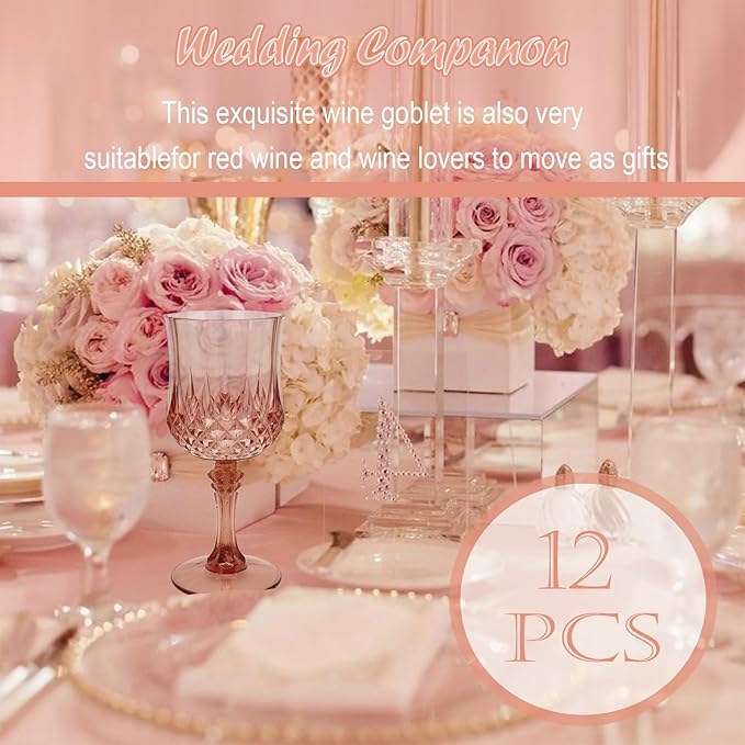 12 PCS Rose Gold Plastic Wine Glasses,Cordial Glasses,Goblets,Can be Used for Weddings, Everyday Fun Parties and More!