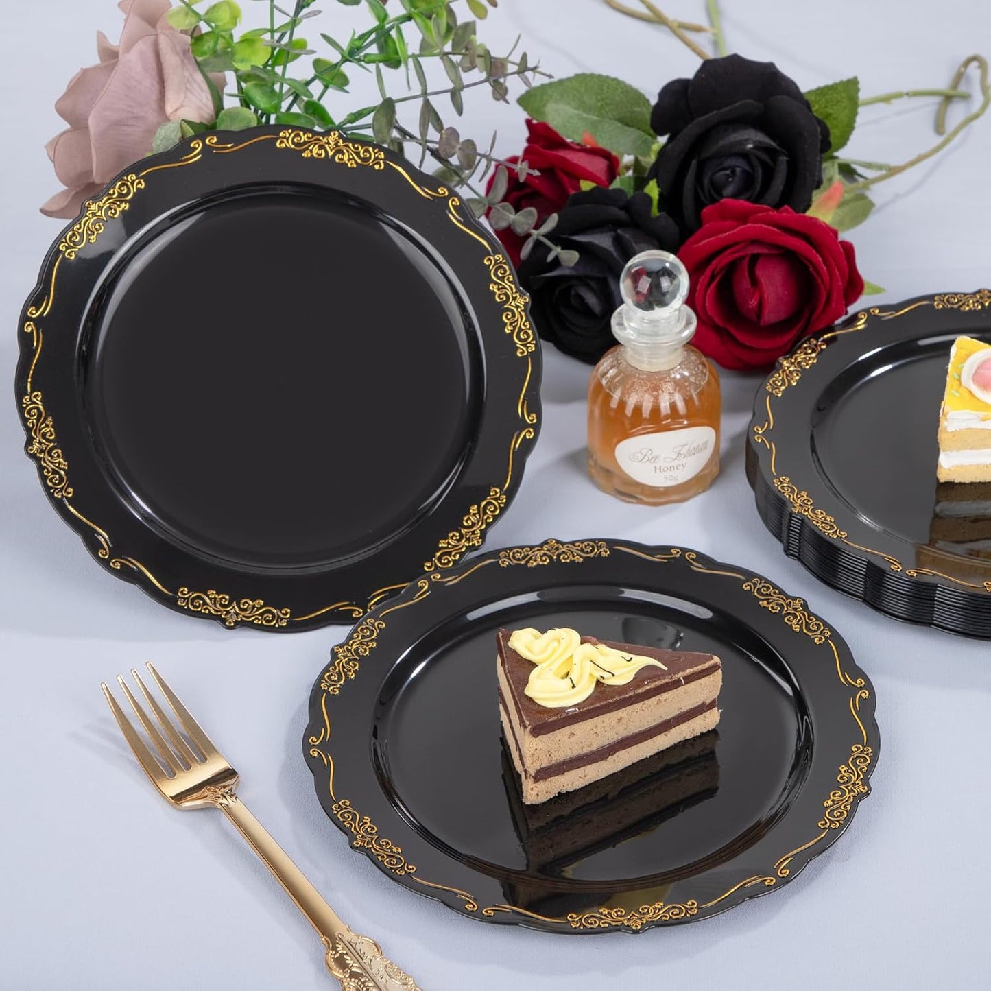 DaYammi 60PCS Black and Gold Plastic Plates, Heavy Duty Black and Gold Disposable Plates Premium 7.5 inch Black Dessert Cake Salad Appetizer Plates Hard Plastic Plates Disposable for Halloween Party