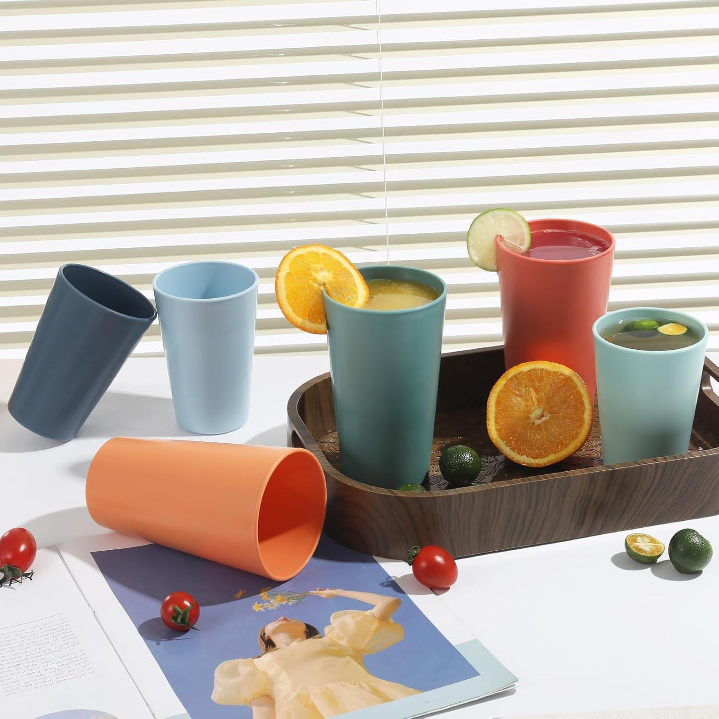 24 Pcs Unbreakable Plastic Cups Set, 20 oz Reusable Plastic Cups, Stackable Water Tumblers, Drinking Cup for Kitchen, Outdoor, BPA-free, Dishwasher Refrigerator and Microwave Safe (20 oz, 4 Colors)
