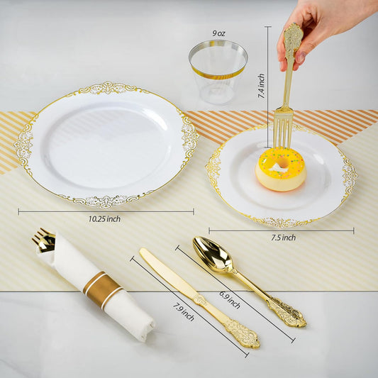 350PCS Gold Plastic Plates for 50 Guests, Disposable Dinnerware Sets Include 100 Gold Rim Plastic Plates, 50 Silverwares, 50 Cups, and 50 Pre Rolled Napkins for Party, Wedding, Graduation
