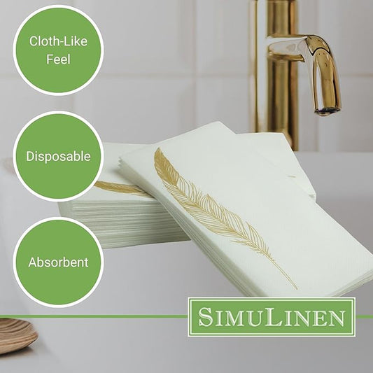 SimuLinen Decorative Gold Feather Design Paper Towels - Hand Towels for Bathroom - Cloth-Like, Linen-Feel for Guest Bathroom Essentials, Size: 12x17” (Pack of 300) Made in Germany