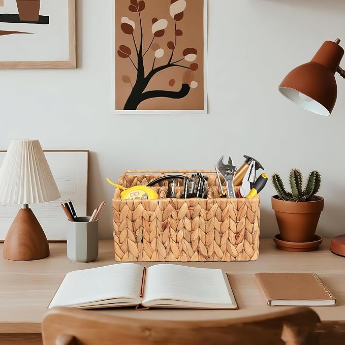 Hand-Woven Wicker Flatware Organizer - Water Hyacinth Cutlery Holder for Countertop with Handle,Utensil Holder for Table, Kitchen (Natural Water Hyacinth)