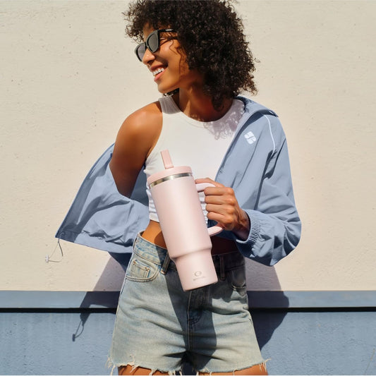 32 oz Tumbler with Handle and Straw: Stainless Steel Insulated Tumbler Keeps Cold for 24 Hours, Leakproof Travel Cup Fits in Cup Holder and BPA-Free, Cotton Candy