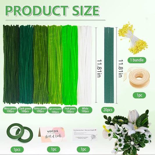 620 Pieces Green Pipe Cleaners Craft Set, 600 Pcs Chenille Stems with 20 Pcs Flower Stems, Craft Supplies Bulk for DIY Art and Craft Projects Creative Gift Wrapping Party Decorations(Green Series)