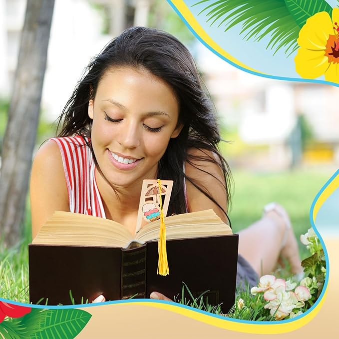 Yexiya 100 Pcs Bulk DIY Wooden Bookmarks Kit - 50 Set Tropical Hawaii Unfinished Wood Crafts with 50 Colorful Tassels for Classroom Rewards, Student Gifts, Summer Camp, Luau Party Favors, Art Projects