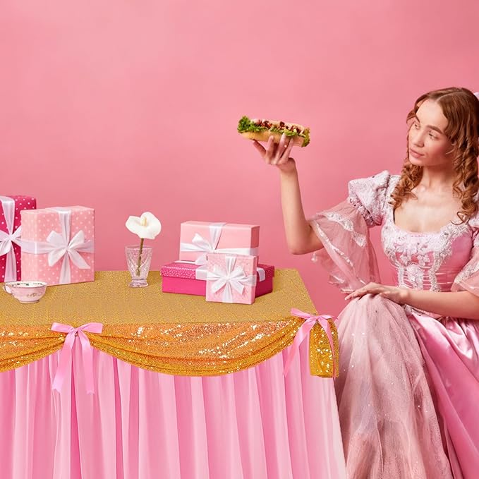 5 Pcs Fairytale Themed Party Table Cover Pink and Gold Sequin Tulle Table Skirt 30 x 108 Inch Century Slumber Fantasy Cloth for Birthday Party Decor Supplies