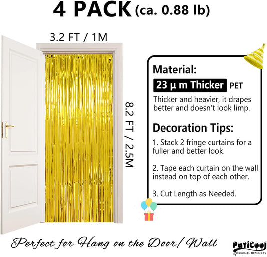 Christmas Decorations Gold Streamers Thicken 4 Pack 3.2 x 8.2 FT - Golden Tinsel Foil Fringe Backdrop Curtains Party Backdrop for Birthday, Prom, Hollywood, Anniversary Party Decorations