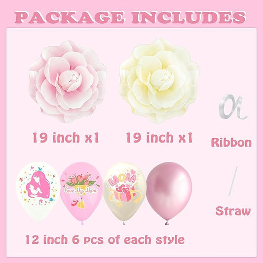 26 PCS Happy Mothers Day Balloons Pink and White Camellia Balloon Kit For Mother's Day Globos Para El Día De La Madre Mother Day I Love You Best Mom Foil Balloons Birthday Party Decorations for Mom