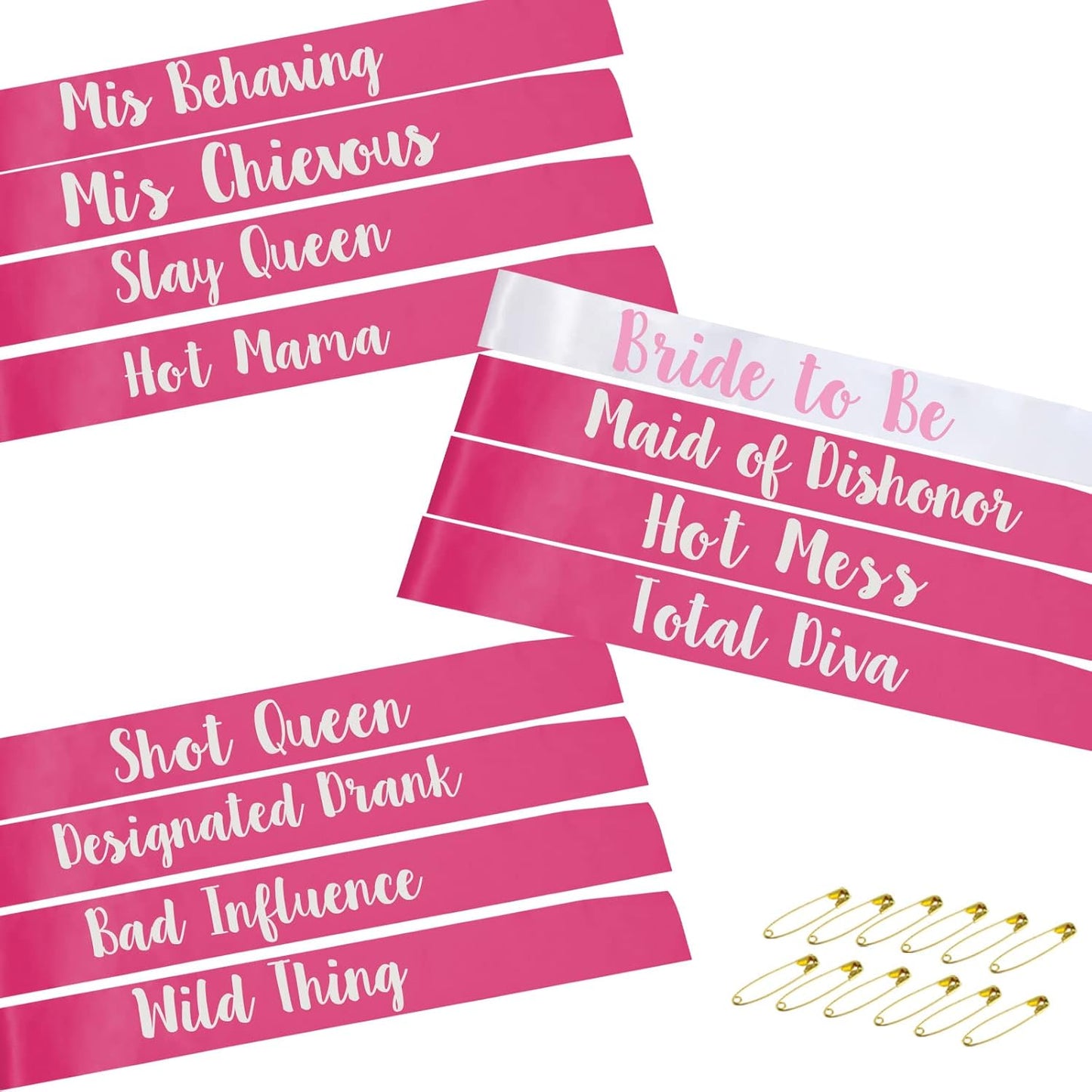 HAPRTY Bachelorette sash Set for Bridesmaids, Maid of Honor Team Bride Sashes for Bachelorette Party Supplies Bridal Shower & Hen Party Decorations, Hot Pink, White + Hot Pink, 12.0 Count