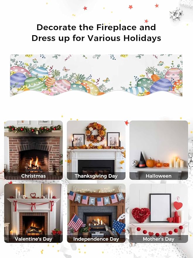 Easter Eggs Fireplace Mantel Scarf Table Runner, Spring Botanical Eucalyptus Floral Butterfly Winter Garland Mantel Top Tablerunners Dresser Scarves Cover for Windows Party Living Room 70''x17''