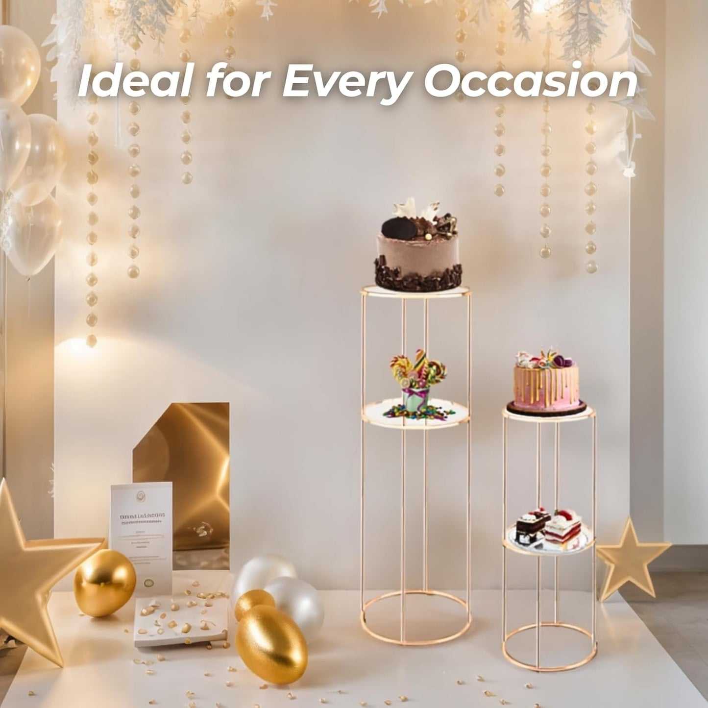 3PCS 2 Tier Round Gold Cake Stand for Party, Tall Metal Pedestal Stands for Display Decoration, Flower, Plant, Birthday, Wedding, Baby Shower, Bridal Shower, Cylinder Column for Desserts