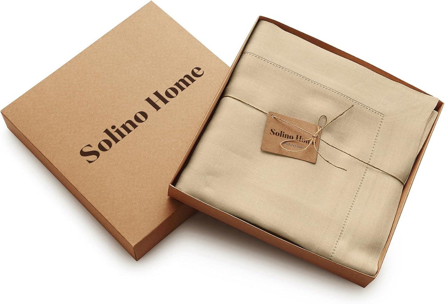 Solino Home Beige Linen Tablecloth 60 x 120 Inch - Classic Hemstitch, 100% Pure Linen Rectangular Tablecloth - Machine Washable Table Cloth for Fall, Autumn, Thanksgiving, Christmas