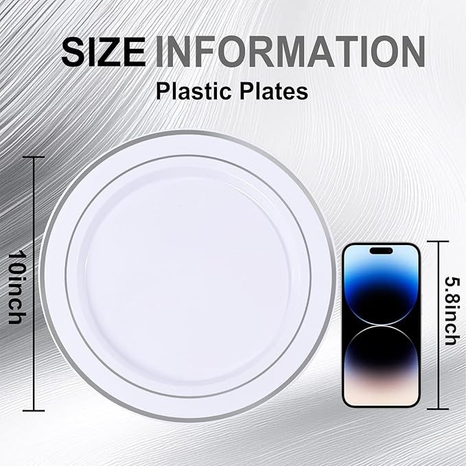 100PCS White Plastic Plates, 10 Inch Disposable Dinner Plate Party with Silver Rim, Heavy Duty Disposable Plastic Plates for Party, Wedding and Birthday