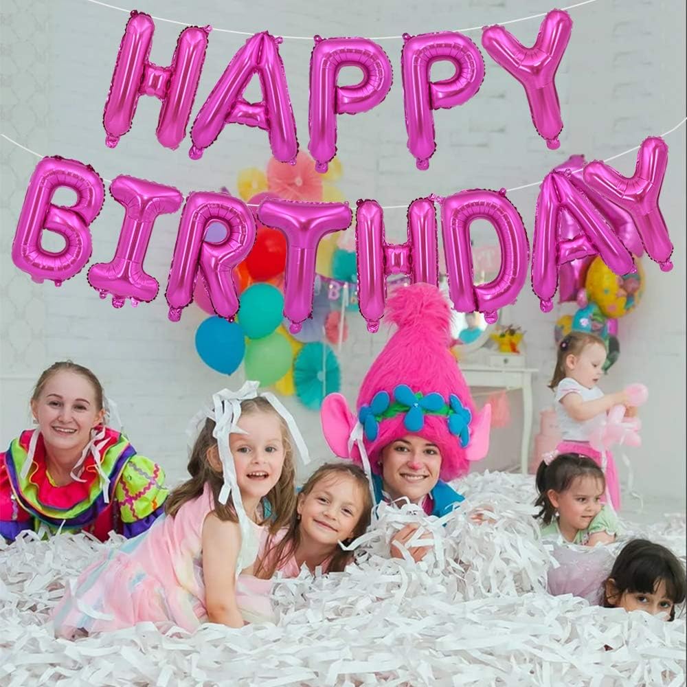 TONIFUL Hot Pink Happy Birthday Balloons Banner, 16 Inch Mylar Foil Letters Birthday Sign Bunting Reusable for Girls Boys Kids & Adults Birthday Decorations and Party Supplies