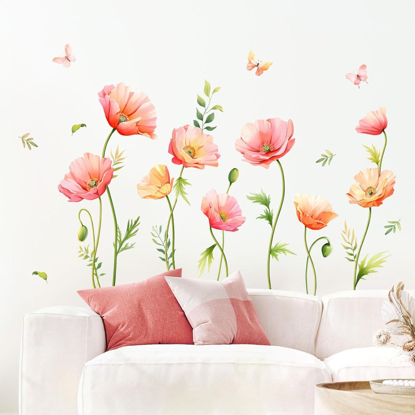 Large Pink Floral Wall Decals Poppy Flower Butterfly Wall Stickers Peel and Stick Autumn Floral Wall Art Decor for Living Room Bedroom Office TV Sofa Backdrop Home Decor Gifts for Mom