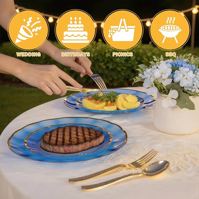 supernal 60pcs Blue Plastic Plates,Fancy Scalloped Plates Disposable Heavy Duty, Decorative Plate Wedding Disposable Dinnerware Include 30 Dessert & Dinner Plastic Plate for Party and Birthday