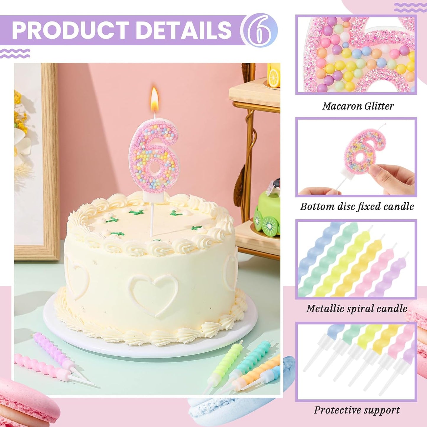 MTLEE Number 6 Birthday Candle with 12 Pcs Spiral Candles for Girls Macaron Pastel Rainbow Unicorn Pink Cake Topper for Sweet Theme Party Decoration