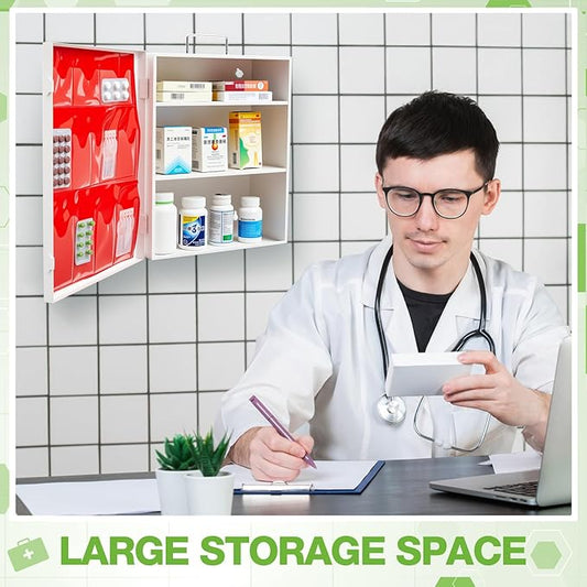 3-Shelf First Aid Cabinet with Pockets, Large Capacity Wall Mount Medicine Cabinet, Secure Metal Med Box with Easy Access-White