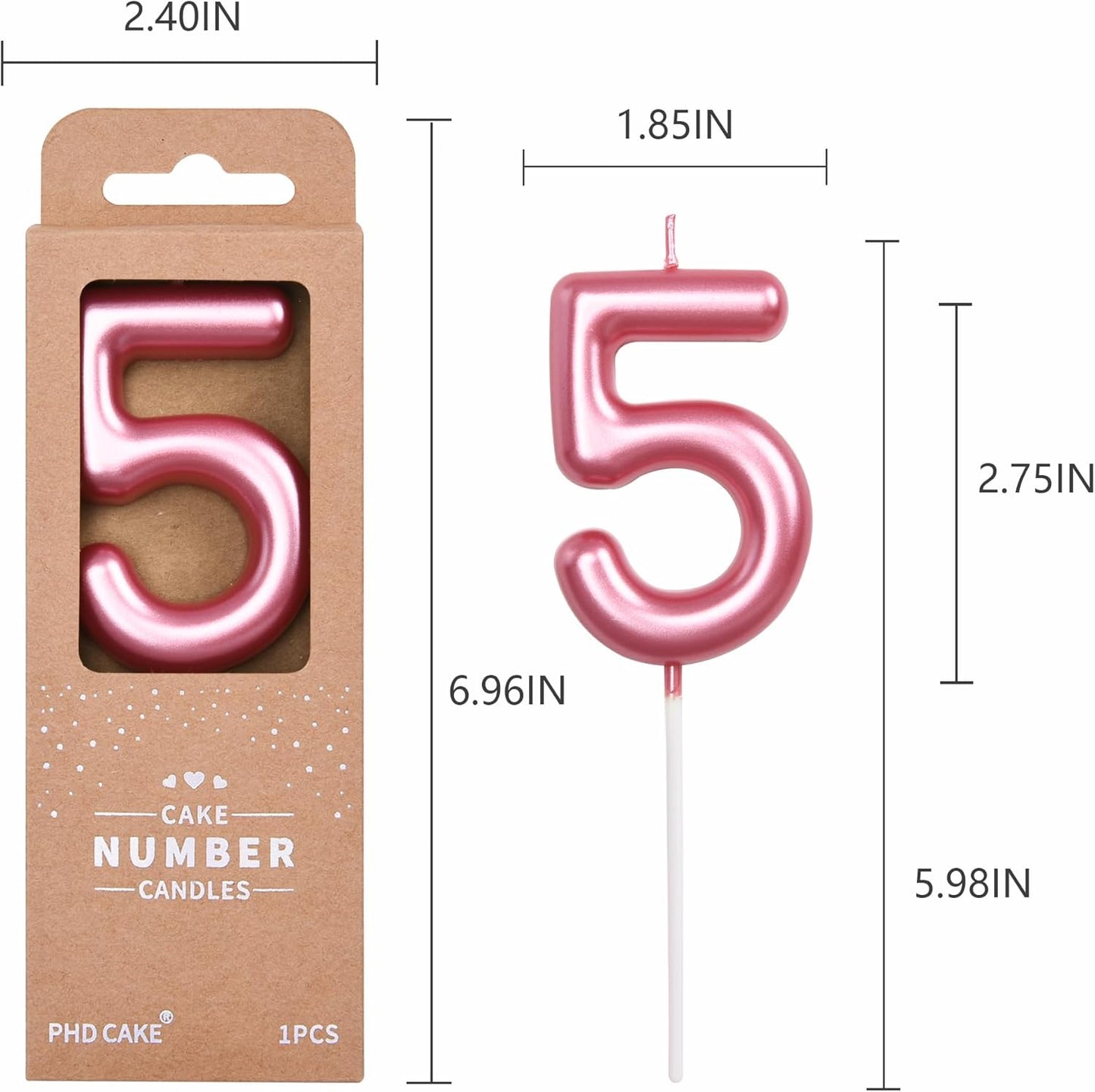 PHD Cake 2.76 inch Classical Pink 5 Number Birthday Candles for Party Celebration