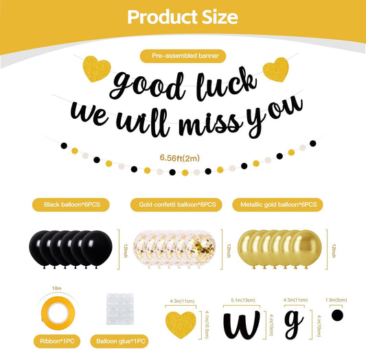 Farewell Party Decorations – Black Glitter Goodbye Banner “Good Luck, We Will Miss You”, Black Gold White Garland, Latex & Confetti Balloons for Retirement, Going Away, Goodbye Party Supplies