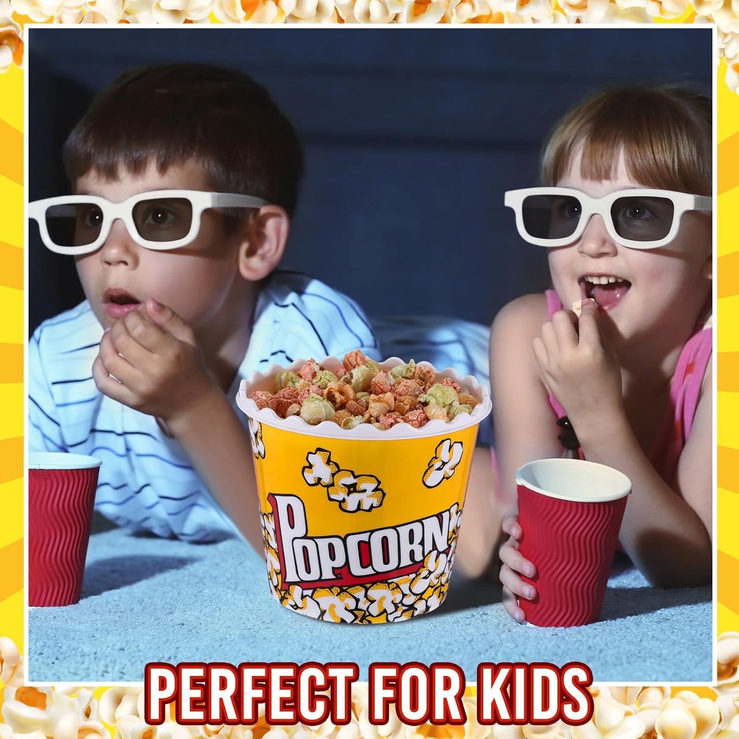 Roshtia 6 Pieces Plastic Popcorn Containers Reusable Buckets 75 oz Popcorn Boxes Bowl with Scoop Retro Style Red Plastic Scoop Set for Movie Theater Night(Classic)