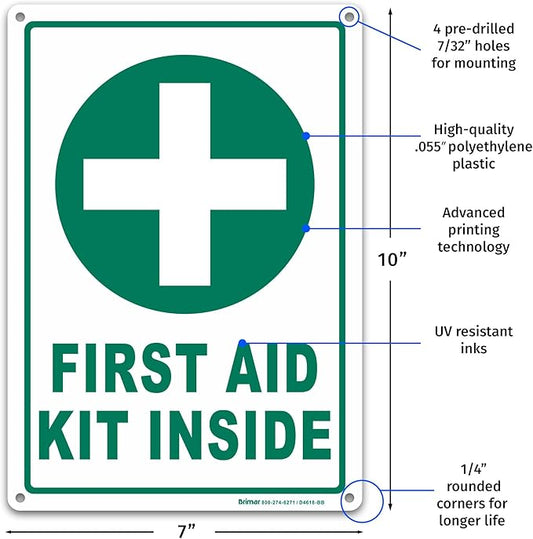 Brimar - 7" x 10" - First Aid Kit Inside Sign - Polyethylene Plastic - Bold Text And Symbol - Easy Installation