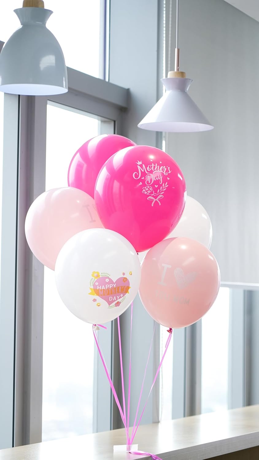 Paready Mother's Day Balloons Set, 60Pcs Pink White Mom Printed Balloon, 12 Inch Helium Light Hot Pink White Latex Balloons for Mother's Day Party Decoration Supplies