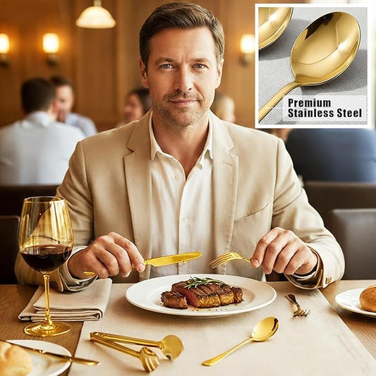 6 PCS Premium Stainless Steel Serving Utensils Set, Large Serving Spoons Slotted Spoons, Forks, Ice Tongs, Cake Server, Soup Ladle, Metal Flatware Set for Buffet Catering Banquet Home Party (Gold)