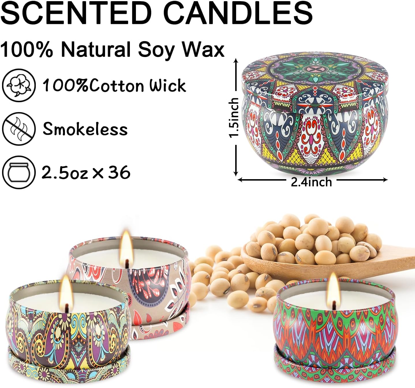 Scented Candle Gifts Set 36 Pack Soy Wax Travel Tin Jar Candles for Home 2.5 OZ Scented Candles for Mom for Christmas, Birthday, Thanksgiving, Mother's Day.