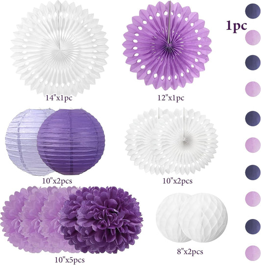 Purple and White Party Decorations Lavender Paper Fans Paper Lanterns Pom Poms Flowers for Baby Shower Birthday Wedding Engagement Party
