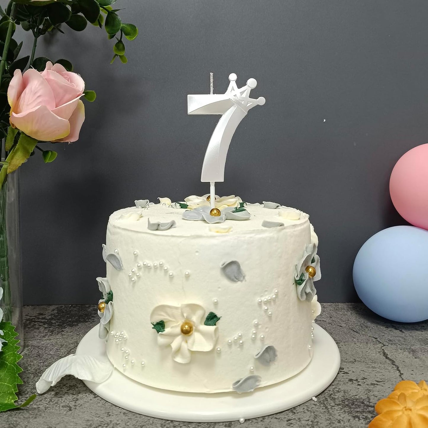 7th Birthday Candle for Cake 3D Crown Design Number 7 Seven Years Old Happy Birthday Decorations(Crown-7, Pearl White)